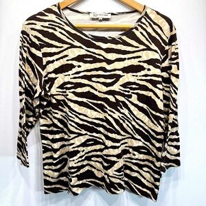 Jones New York Sport Brown Tan Cream Zebra Striped 3/4 Sleeve 100% Cotton Top XL